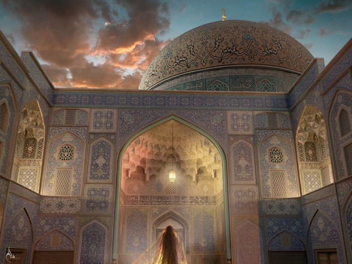 Woman in ornate courtyard of mosque in Iran