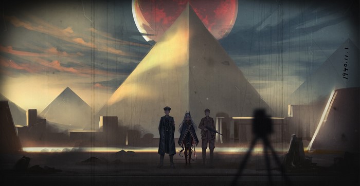 Three figures stand before pyramids under a blood moon
