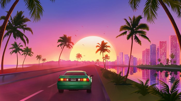 Green car driving on a road with palm trees and city skyline at sunset