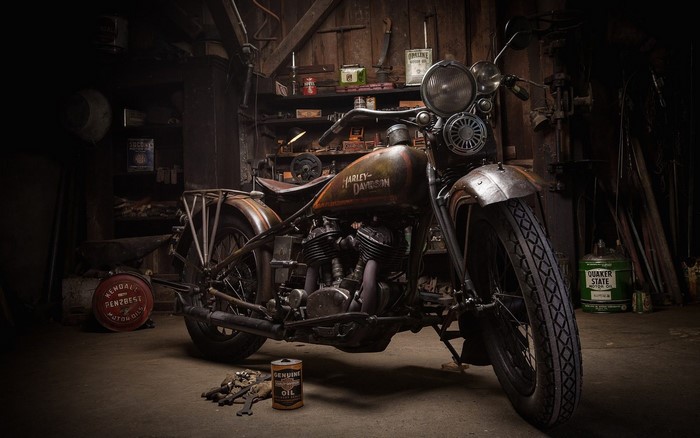 Vintage Harley-Davidson motorcycle in a workshop