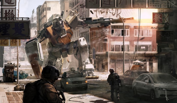 Giant mech battles in a futuristic cityscape with soldiers and cars