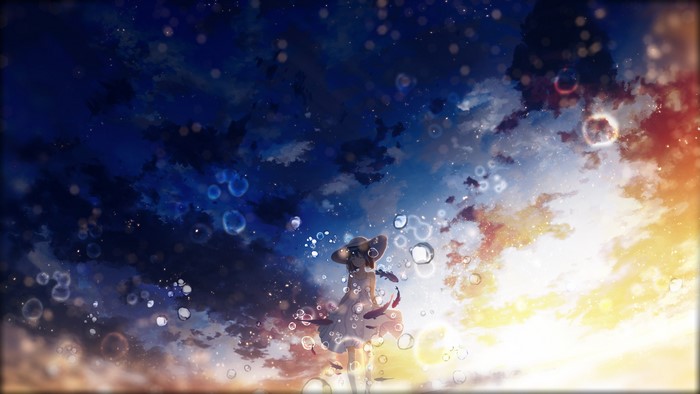 Anime girl with hat and bubbles in the sky