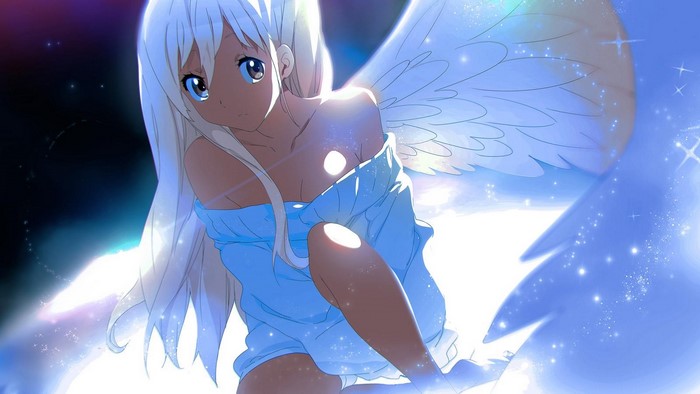 Anime girl with white wings and blue shirt