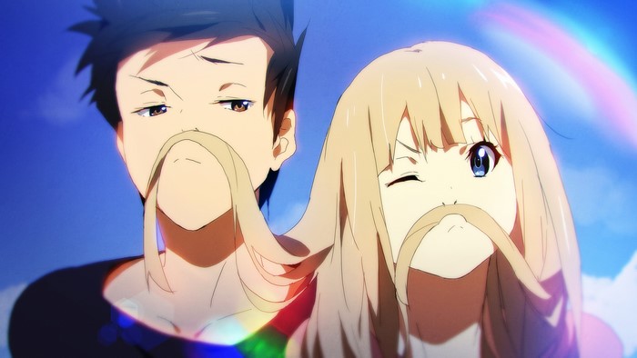 Anime boy and girl with fake mustaches