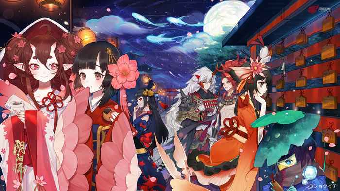 Anime characters in traditional Japanese attire at night