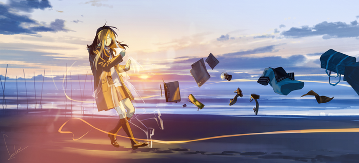 Anime girl on a beach with floating objects at sunset