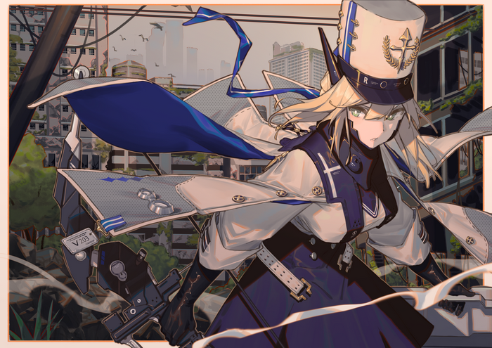 Anime girl in military uniform in abandoned city