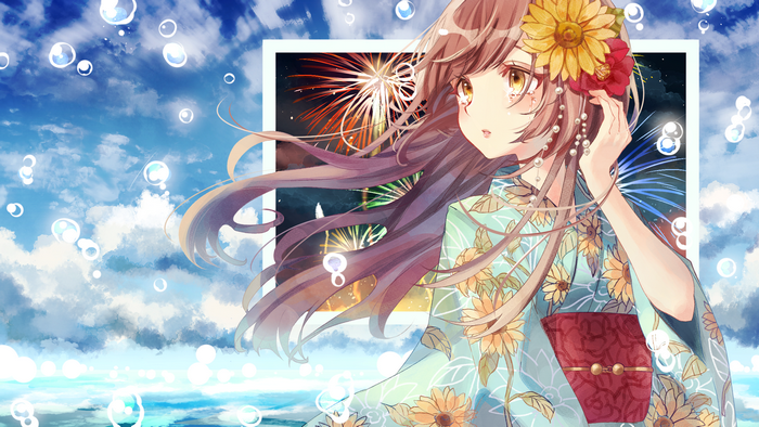 Anime girl in yukata with sunflowers and fireworks
