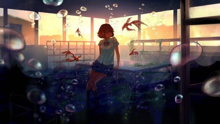 Anime girl in flooded classroom with goldfish