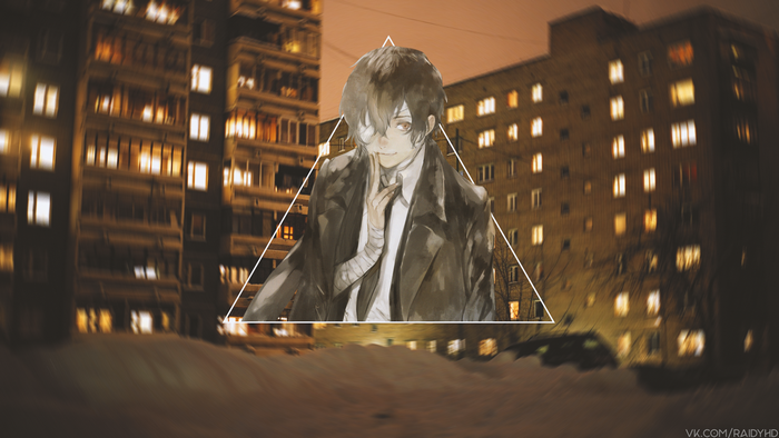 Anime character with eyepatch in front of apartment buildings