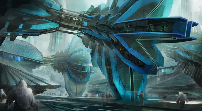 Futuristic city with turquoise and blue structures and Yetis