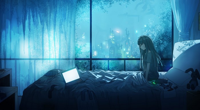 Anime girl on bed with laptop at night city view