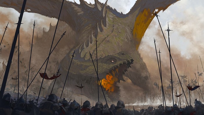 Dragon attacking an army of soldiers with spears
