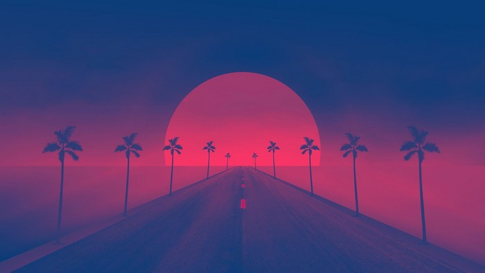Retrowave road with palm trees and sun