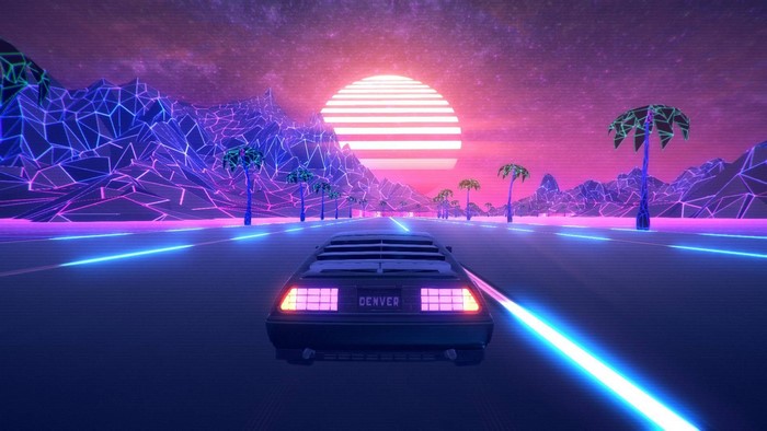 Retrowave Neon Car on Futuristic Road