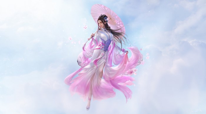 Fantasy girl with pink umbrella and flowers