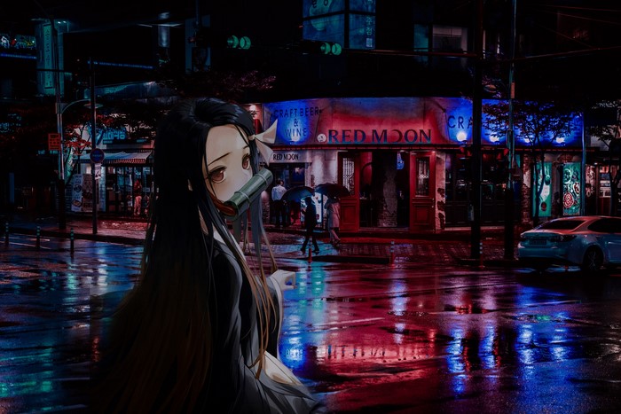 Kamado Nezuko from Kimetsu no Yaiba in a rainy city at night