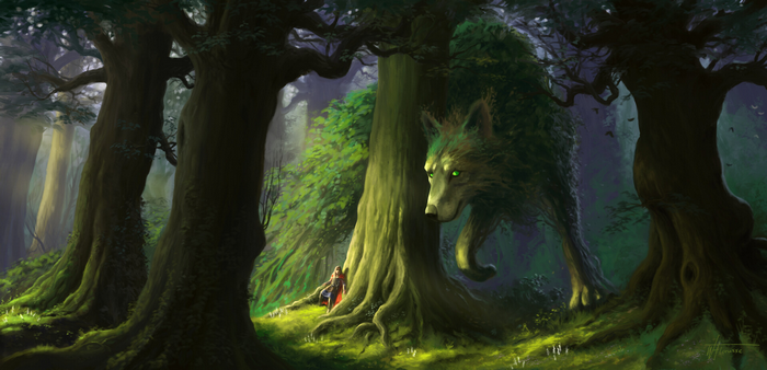 Fantasy Forest with Mystical Wolf Creature