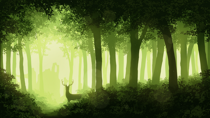 Deer in a sunlit green forest with ruins in the background