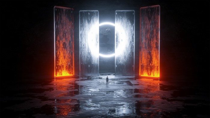 Surreal 3D Environment with Glowing Fire and Ice Pillars