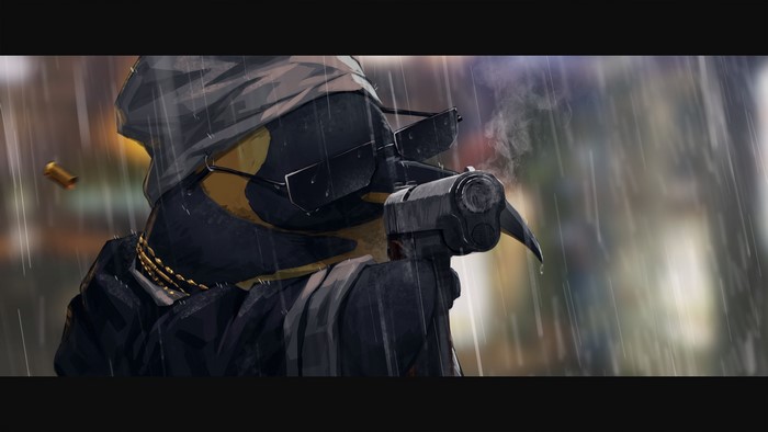 Emperor from Arknights holding a gun in the rain