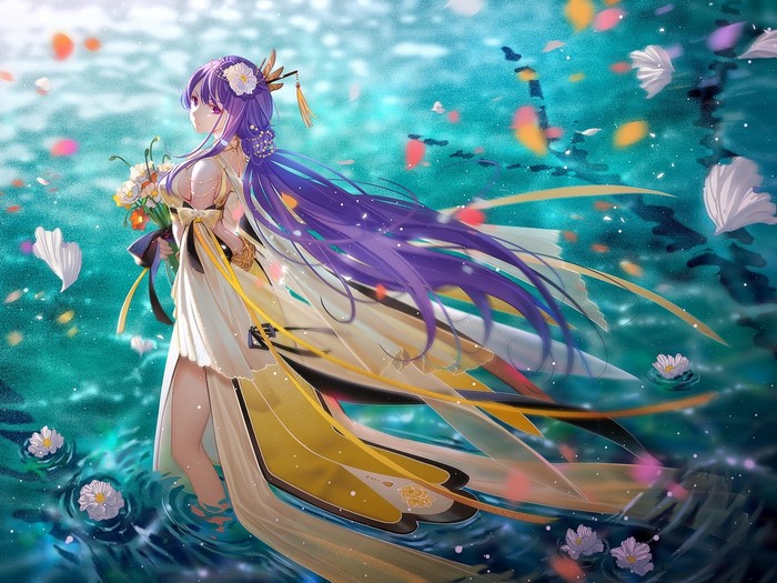 Mo Qingxian from Vocaloid China in water with flowers