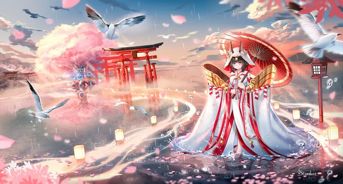 Nagato from Azur Lane with umbrella and torii gates