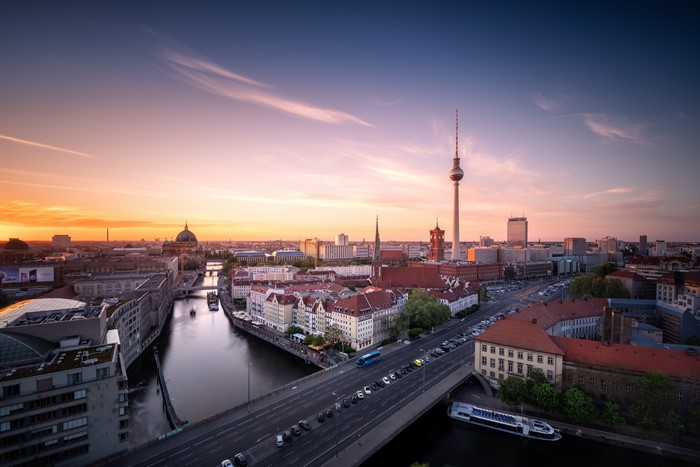 4K cityscape of Berlin, Germany at sunset