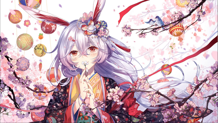Anime girl with bunny ears in kimono with cherry blossoms