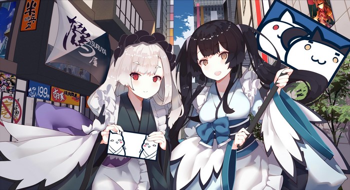 Anime girls holding signs with cat drawings in a city