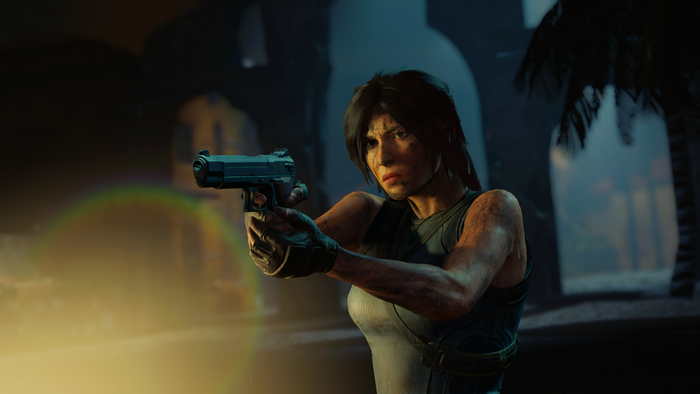 Lara Croft from Shadow of the Tomb Raider holding a gun