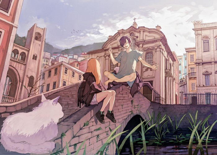 Anime characters and cat on a bridge in a European town