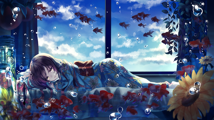 Anime girl in yukata with goldfish and sunflowers