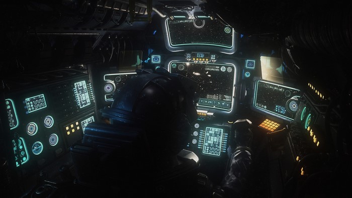 Spaceship cockpit with pilot and starfield display