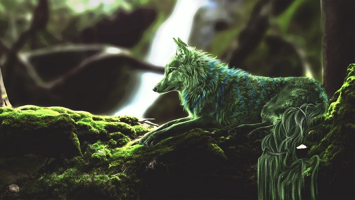 Green wolf in a mossy forest