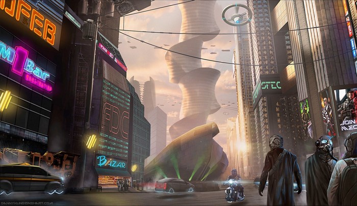 Cyberpunk city street with neon signs and futuristic architecture