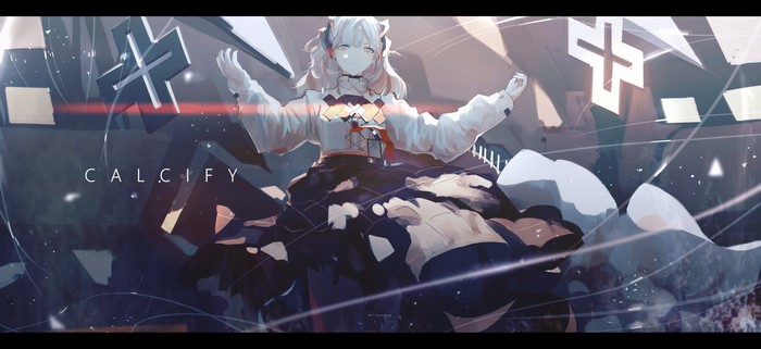 Saria from Arknights with white hair and green eyes
