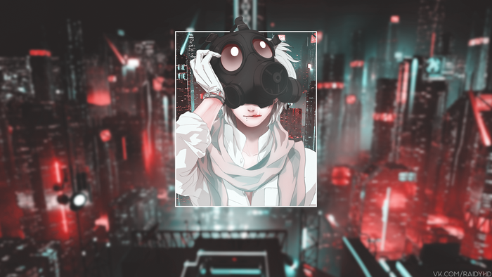 Anime character with gas mask in futuristic city