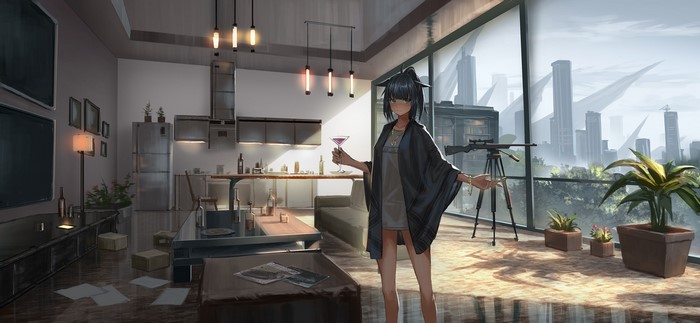 Jessica from Arknights in a modern apartment with a city view