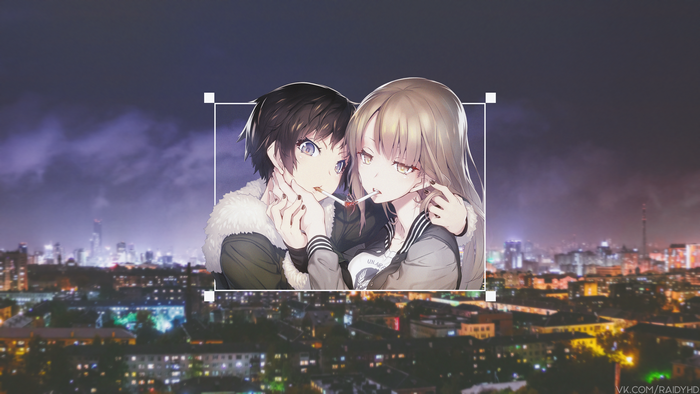 Anime girls smoking cigarettes at night