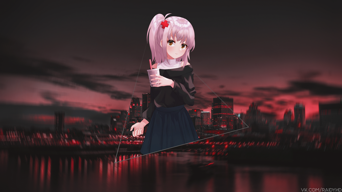 Anime girl with pink hair holding a drink in front of city skyline