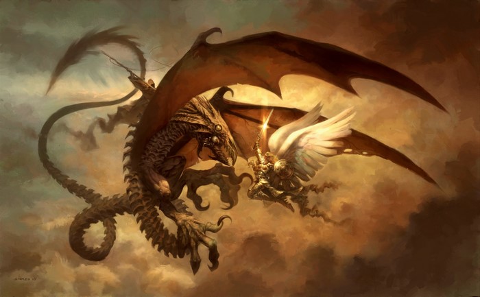 Serra Angel fighting a dragon in fantasy art