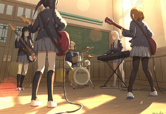 K-ON! girls playing music in a classroom