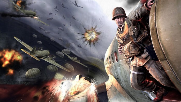 Soldier jumping from a plane during a WWII paratrooper assault