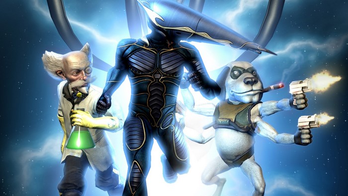MDK video game art with dog and scientist
