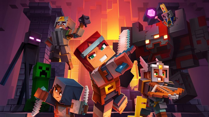 Minecraft Dungeons characters and monsters in a dungeon