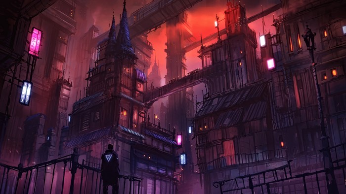 Cyberpunk city with bridges and glowing lights