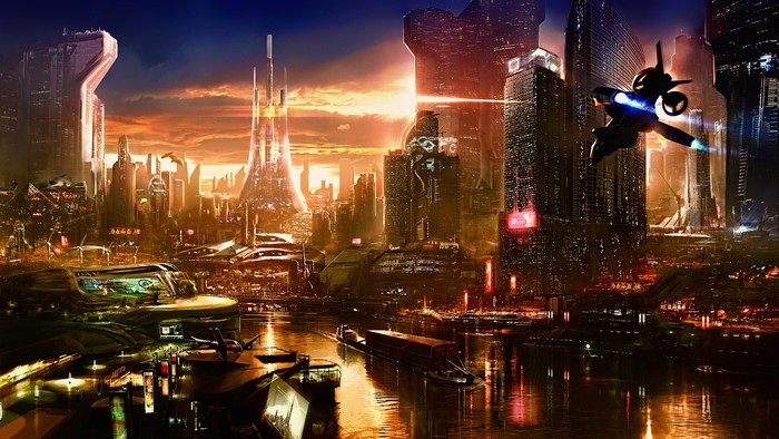 Futuristic Cityscape with Spaceship at Sunset