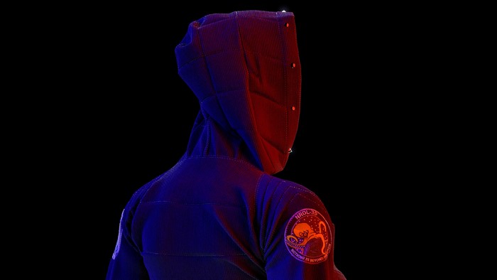 Digital render of a hooded figure with a patch