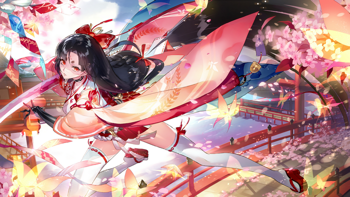 Anime girl in kimono with cherry blossoms